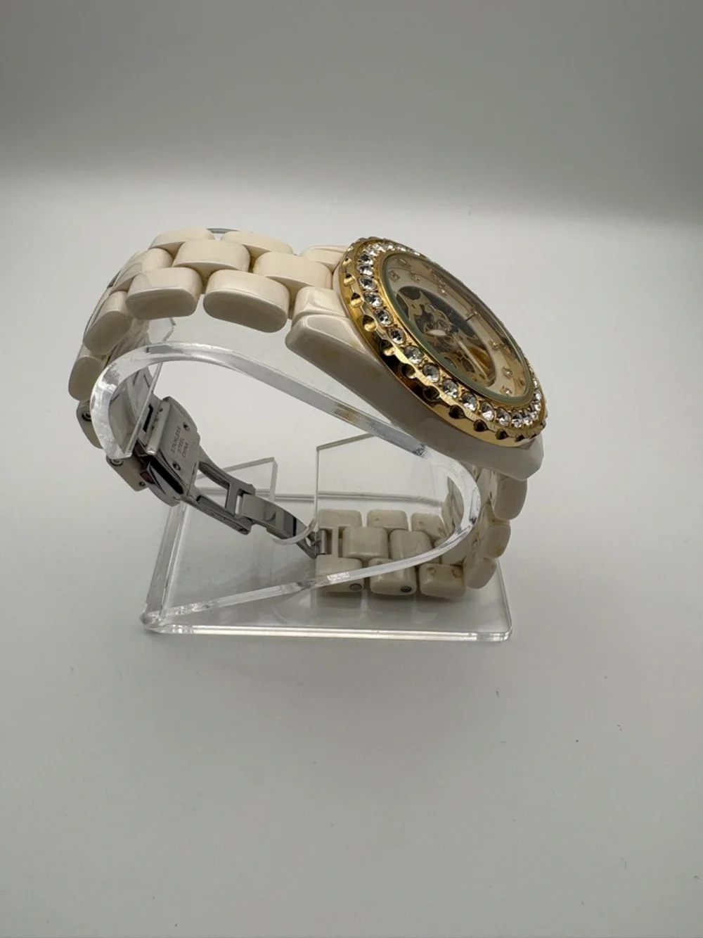 Adrienne Gold‎ Skeleton Dial Watch with Ceramic Band New Battery Works!